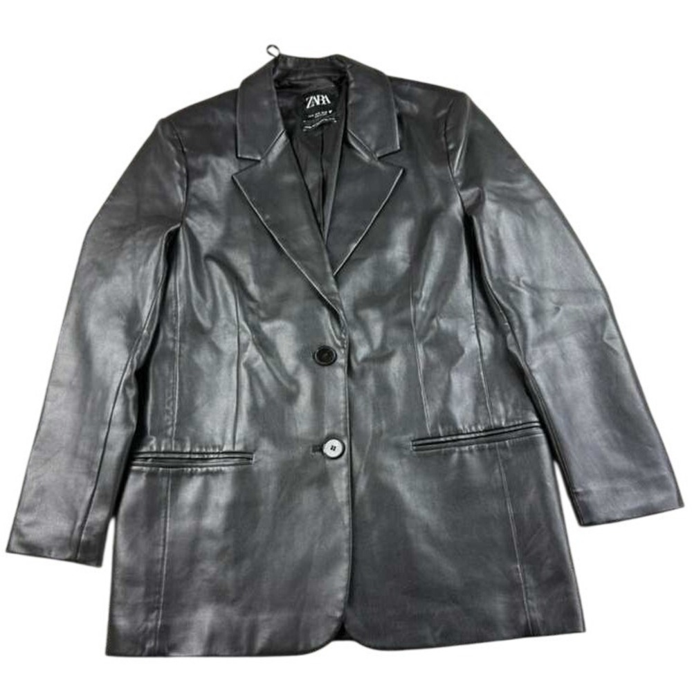 Zara Blazer Jacket Women M Black Faux Leather Button Front Lined Moto Goth Lapel